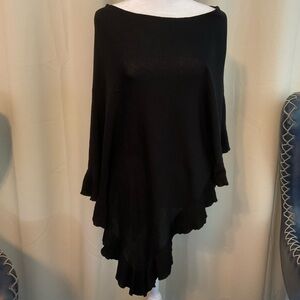 BCBGMaxAzria Vintage 90s Asymmetrical Black Knit Poncho w/ Ruffle Hem